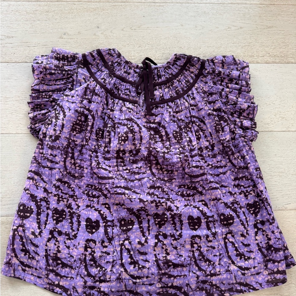 ULLA JOHNSON Amai Blouse Purple Batik Top Size 4 Small Flutter Sleeve Boxy - Picture 7 of 11